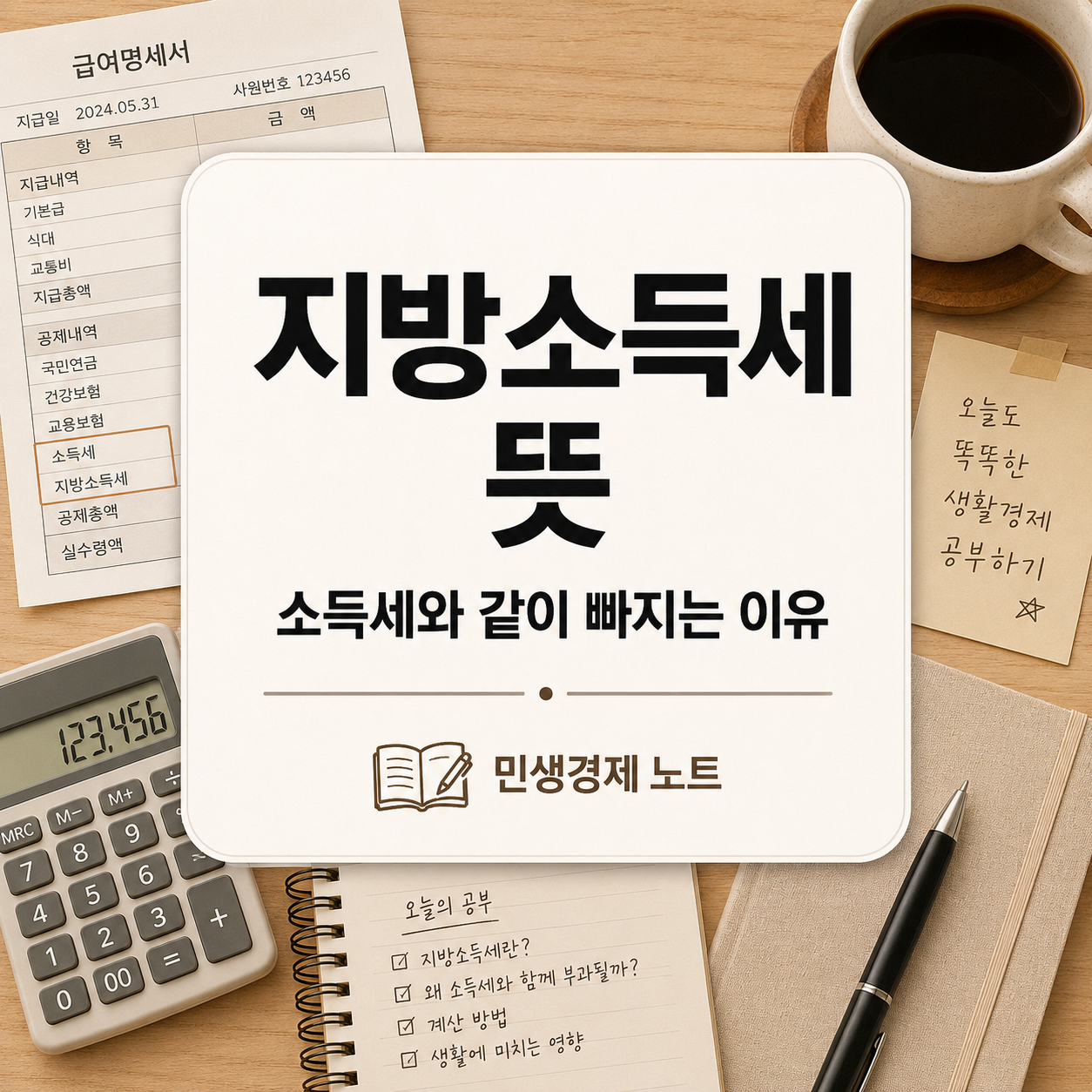 첫 월급명세서를 확인하는 사회 초년생이 소득세와 지방소득세가 함께 공제되는 이유를 공부하는 생활경제 노트형 대표 이미지