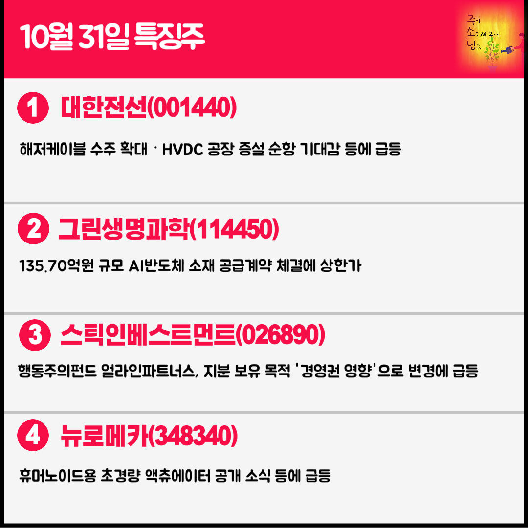 10월 31일 오늘의 특징주