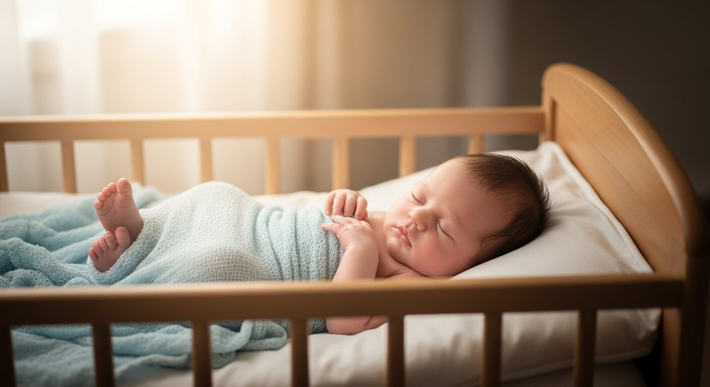 마사지 후 아기 침대에서 깊이 잠든 평화로운 신생아, 숙면을 상징하는 따뜻한 분위기.