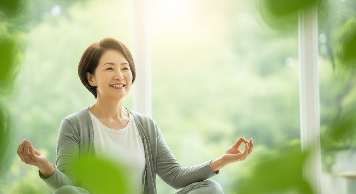 환하게 웃으며 평화롭게 명상하는 60대 한국인 여성, 밝고 활기찬 노년의 정신 건강을 상징