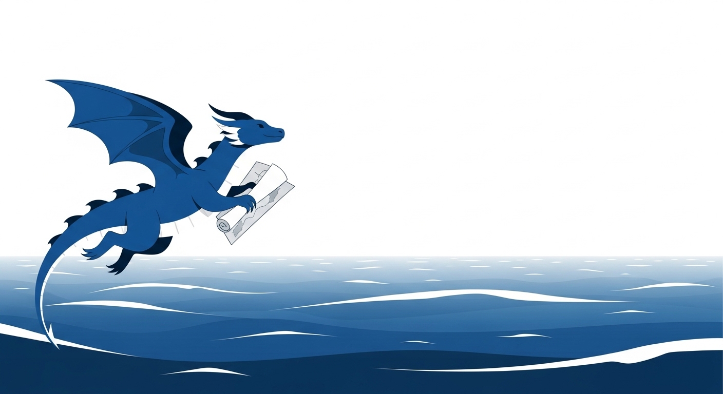 지도를 들고 넓은 바다 위를 날아가며 큰 꿈을 향해 나아가는 용 캐릭터 일러스트