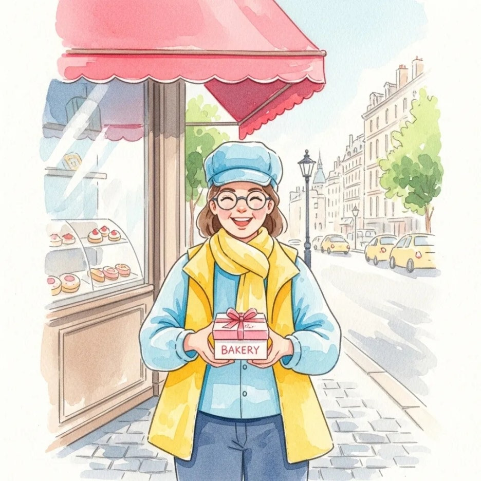 맛있는 빵을 들고 기분 좋게 나서는 방문객