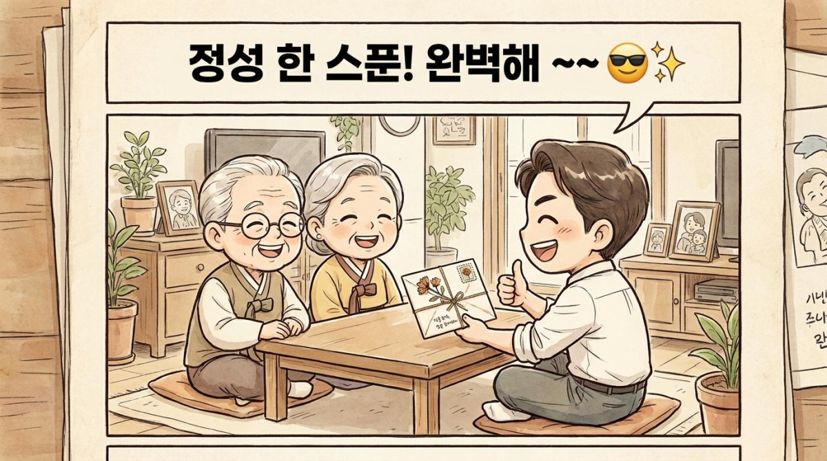 상품권에 편지와 꽃을 더해 정성을 담은 명절 선물을 완성한 한국 가족 캐릭터