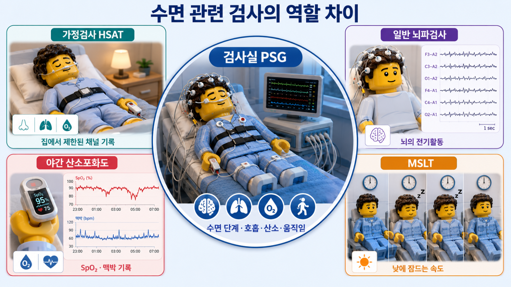 수면다원검사와 가정수면검사·야간 산소포화도검사·뇌파검사·MSLT의 역할 차이를 비교한 의료 인포그래픽