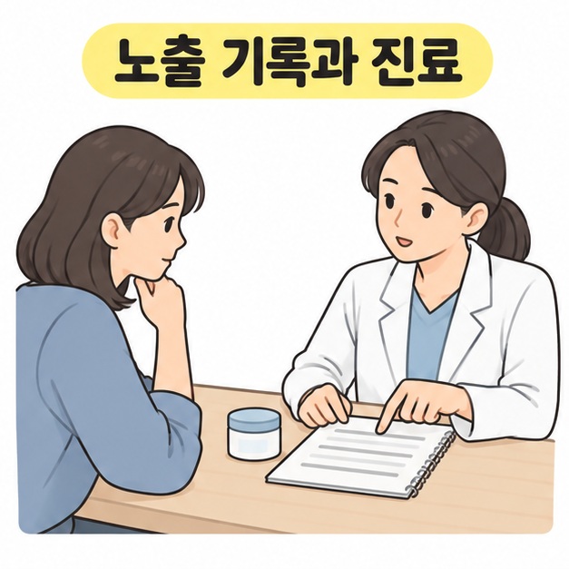 노출 기록과 진료 제목 아래 제품과 메모지를 보며 의료진과 상담하는 여성