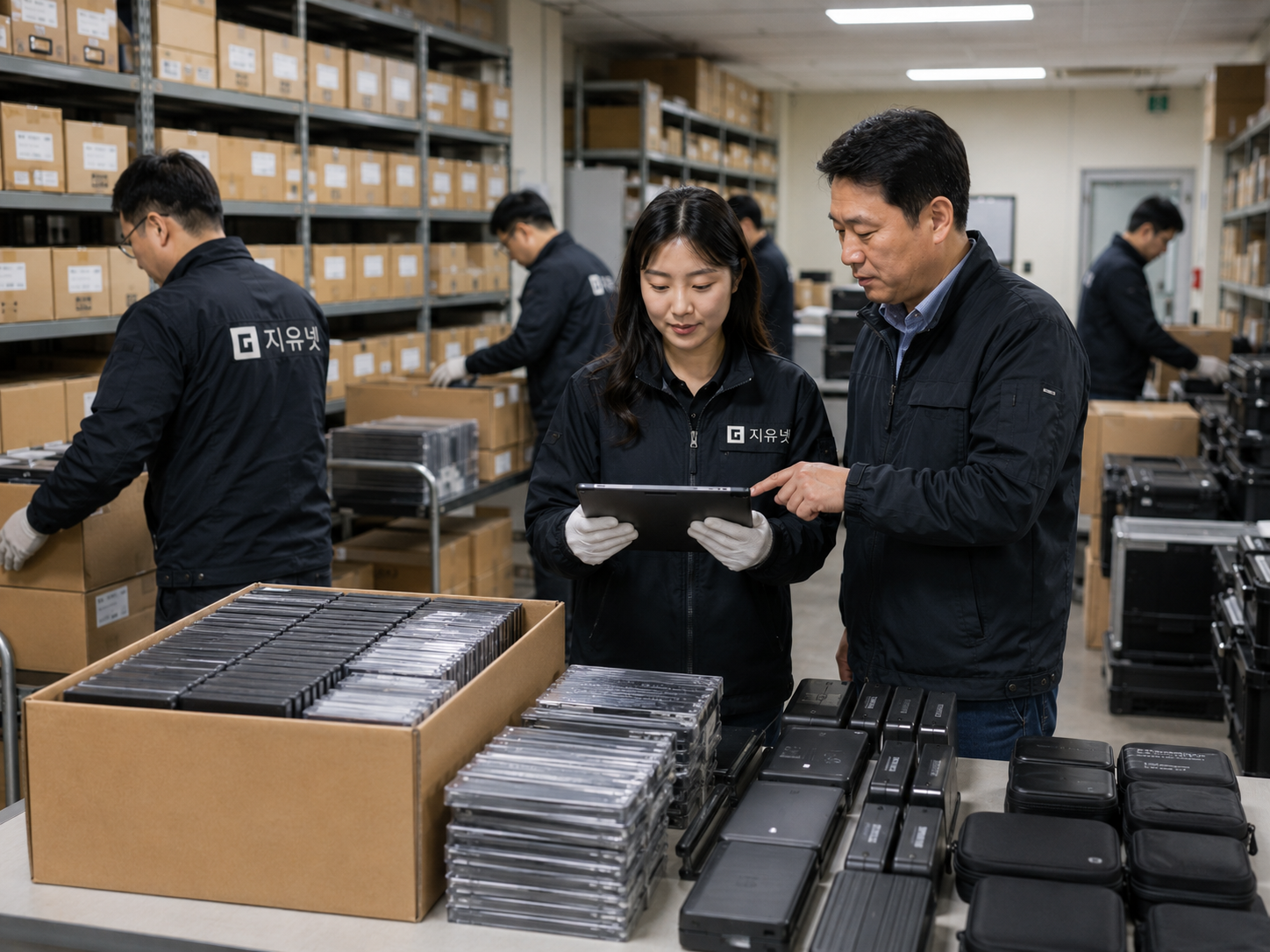 콜센터 이전 중 나온 DVD와 외장하드를 매체별로 분류한 뒤 보안파기 기준과 기록을 최종 확인하는 장면