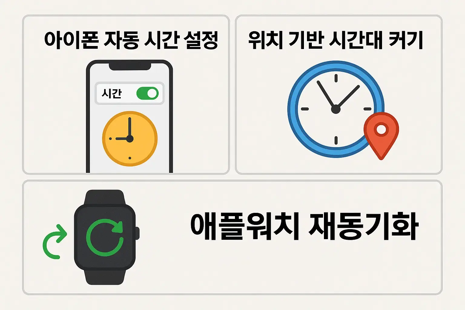 아이폰 자동 시간 설정, 위치 기반 시간대 활성화, 애플워치 재동기화 등 애플워치에서 시간 오차를 해결하기 위한 단계별 해결 방법을 시각적으로 정리한 2025년 최신 인포그래픽
