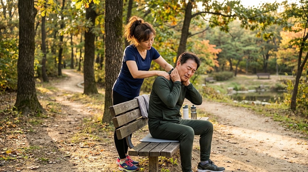준비 운동 부족으로 목 뻐근해져서 아내가 주물러 주는 모습입니다.