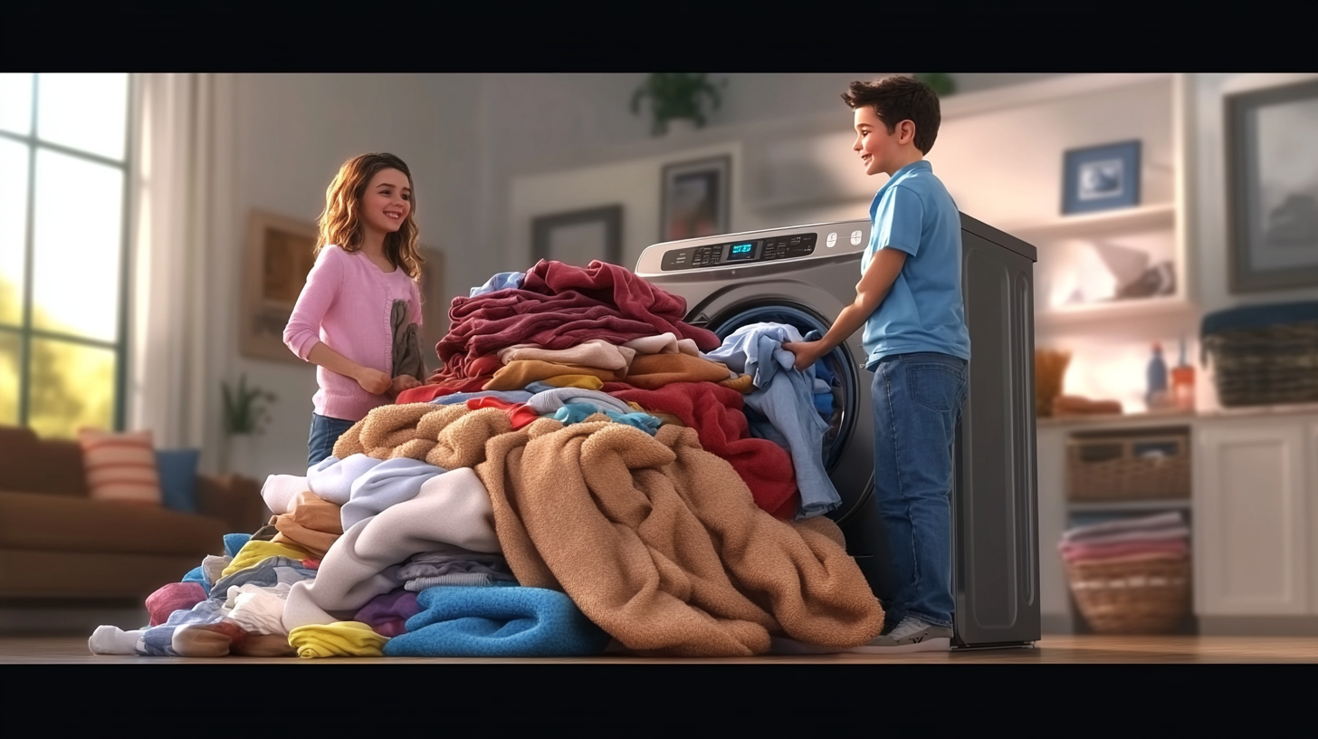 삼성 WF25CB8650BW를 사용하여 대용량 세탁물을 세탁하는 가족의 장면, 25kg 용량을 강조하며 대형 담요와 많은 양의 옷을 기계에 쏟아붓고 있음