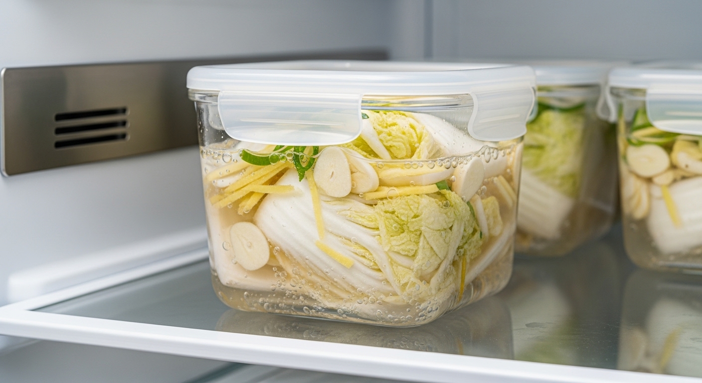 김치냉장고 속 투명한 유리 밀폐 용기에 깔끔하게 보관된 아삭한 백김치의 모습.
