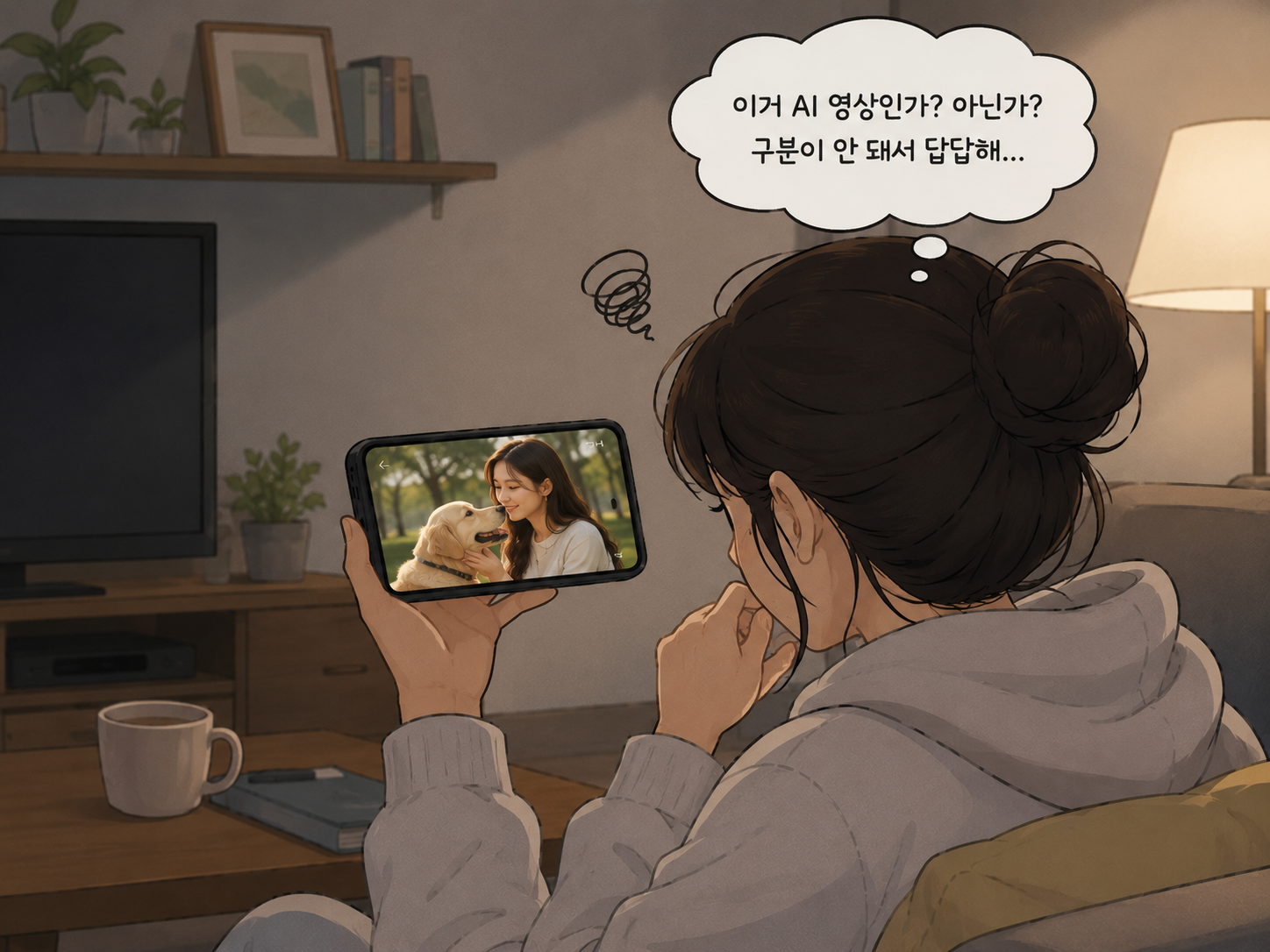 강아지와 사람의 모습이 AI로 제작된 것인지 혼란스러워하는 모습