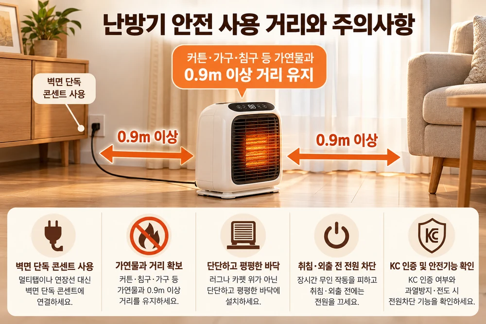 전기온풍기를 러그가 없는 단단하고 평평한 바닥에 설치하고, 가연물과 0.9m 이상 거리 유지, 벽면 단독 콘센트 사용 및 안전기능 확인을 안내하는 이미지