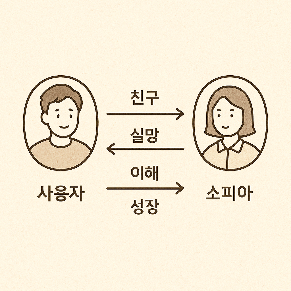 "《The Tamed Machine》 시리즈의 주요 인물 &ndash; 사용자와 소피아의 관계도"