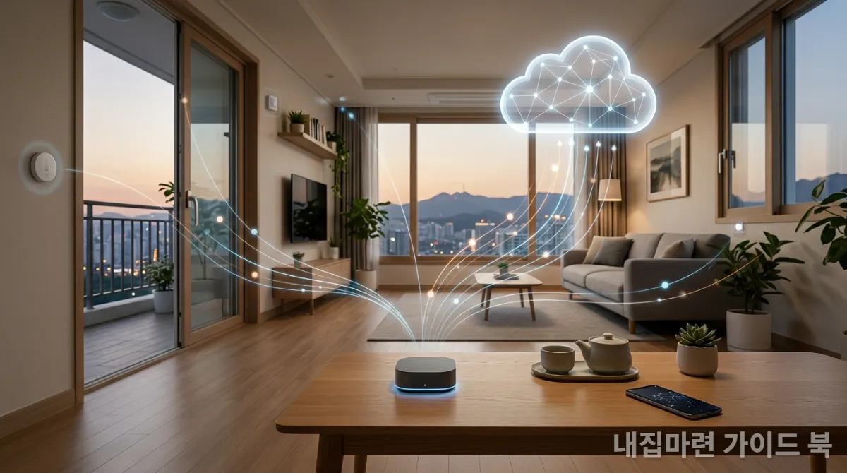 스마트홈의 핵심 구성 요소인 센서, 허브, 클라우드 네트워크가 한국의 현대적인 거실에 통합된 모습