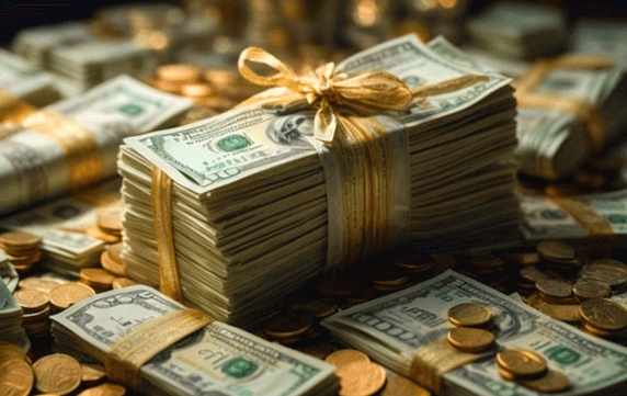 바닥에 수많은 돈뭉치가 가득 쌓여있다. 매우 높이 쌓인 돈뭉치는 황금색 리본으로 묶여있고, 지폐 위에는 황금 동전들도 가득하다.