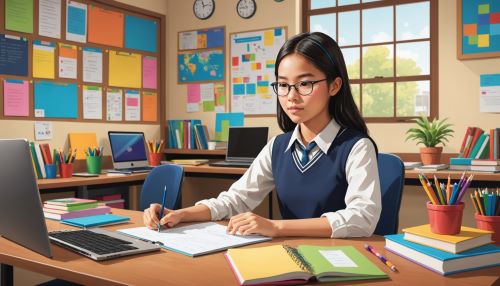 여자 고등학생이 웹사이트에서 개인별 교육과정을 편성하고 있다.