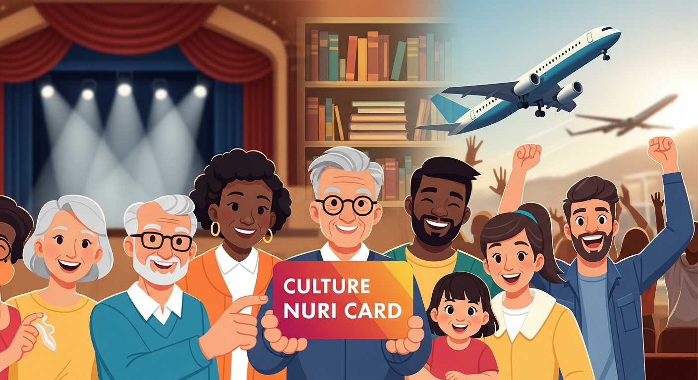 ๋ค์ํ ์ฌ๋๋ค์ด ๋ฌธํ๋๋ฆฌ์นด๋๋ฅผ ๋ค๊ณ ๊ณต์ฐ, ๋
์, ์ฌํ, ์คํฌ์ธ ๊ด๋ ๋ฑ ๋ฌธํ์ํ์ ์ฆ๊ธฐ๋ ํ๋ณตํ ๋ชจ์ต