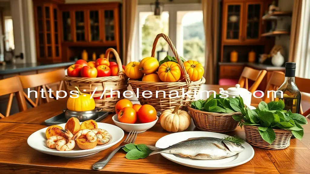 따뜻한 자연광 아래 나무 식탁 위에, 대나무 바구니에 담긴 붉은 사과, 그 옆에 바구니에는 주황색 감, 하얀 접시에 담긴 고소한 찐 고구마, 그 옆에 노란 단호박 3개가 놓여 있고, 유리볼에는 싱싱한 대하가 담겨 있고, 하얀 접시 위에 구운 삼치가 담겨 있고, 그 옆에 대나무 바구니에는 초록빛 잎채소(시금치 등)가 풍성하게 담겨 놓여 있는 이미지.