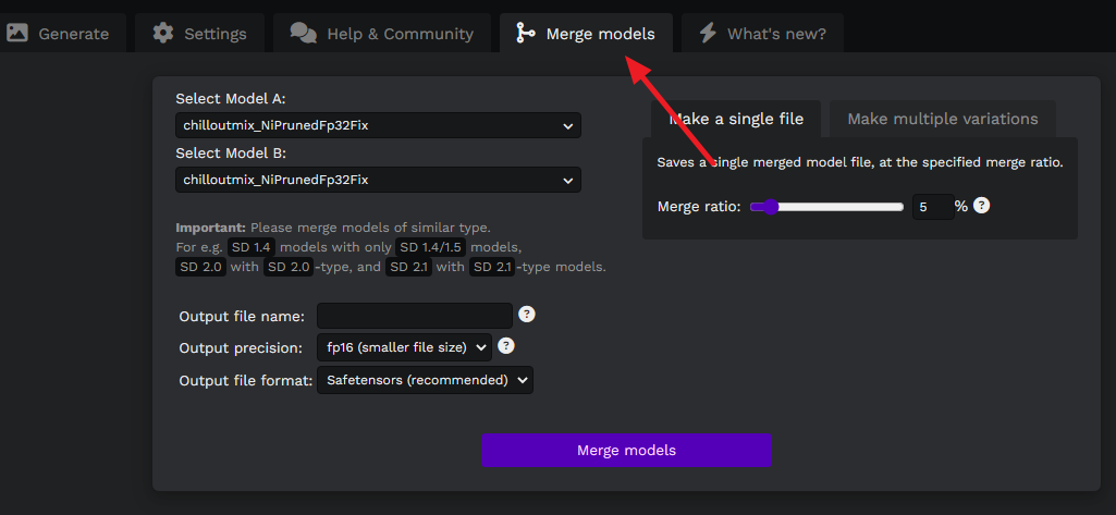 Stable Diffusion - Merge models 화면