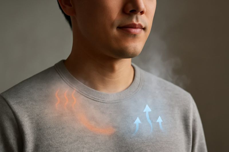 편안한 옷을 입은 남성의 가슴 부위에서 온도와 습도 조절을 시각적으로 표현