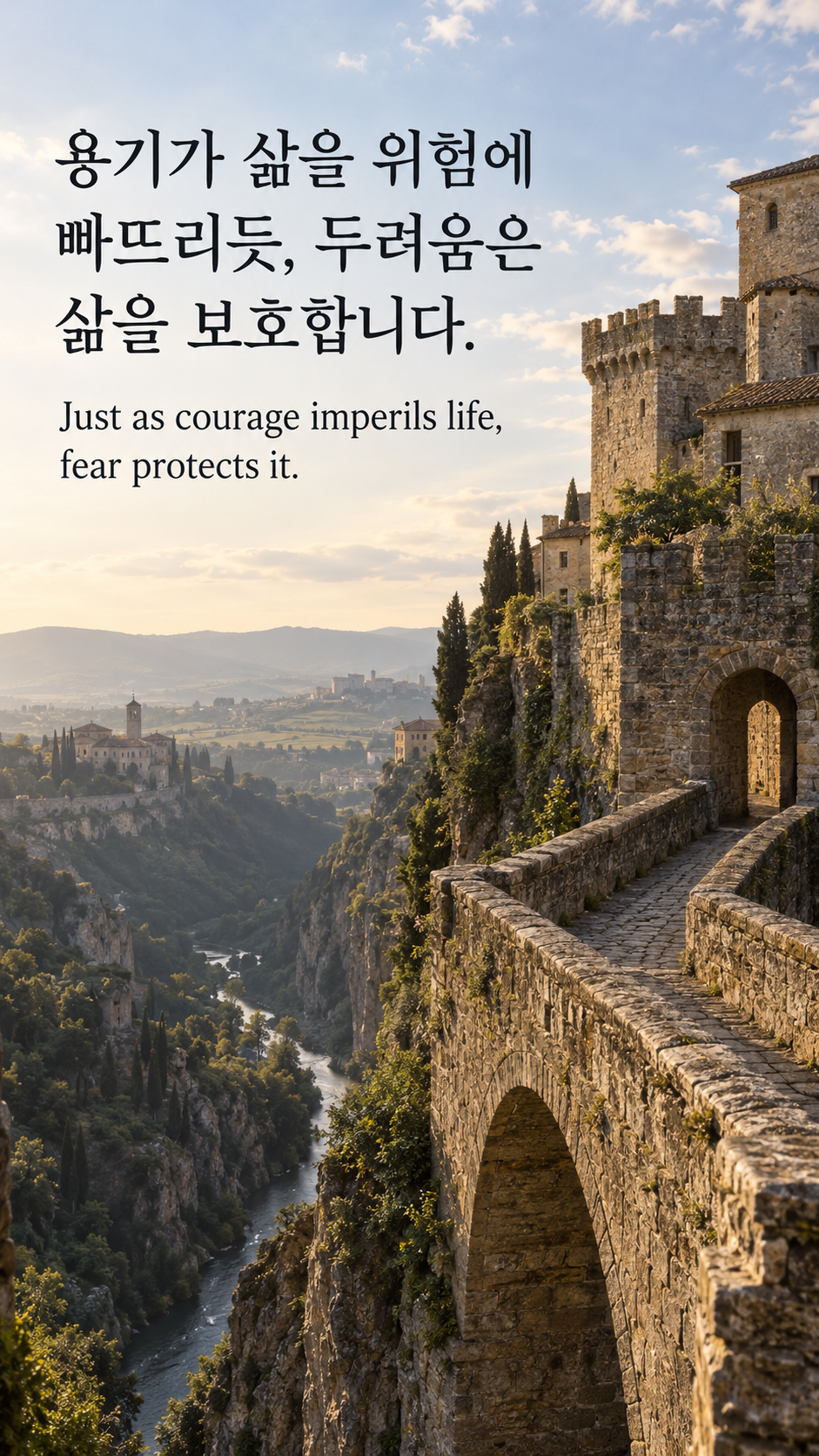 용기가 삶을 위험에 빠뜨리듯, 두려움은 삶을 보호합니다. &mdash; 15세기 이탈리아 산성의 좁은 돌다리와 견고한 난간, 깊은 계곡을 위에서 보는 시대 배경 사진