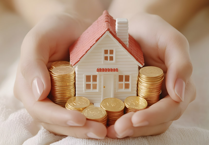 집 모형과 현금이 함께 놓인 모습, 부동산 자산을 현금화하는 흐름을 표현한 이미지