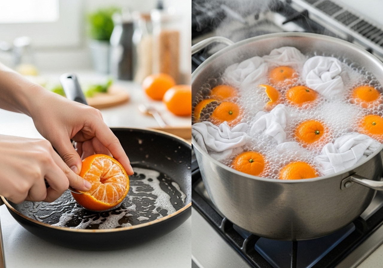 프라이팬 기름때 제거와 흰 옷 표백을 위해 귤 껍질을 사용하는 모습