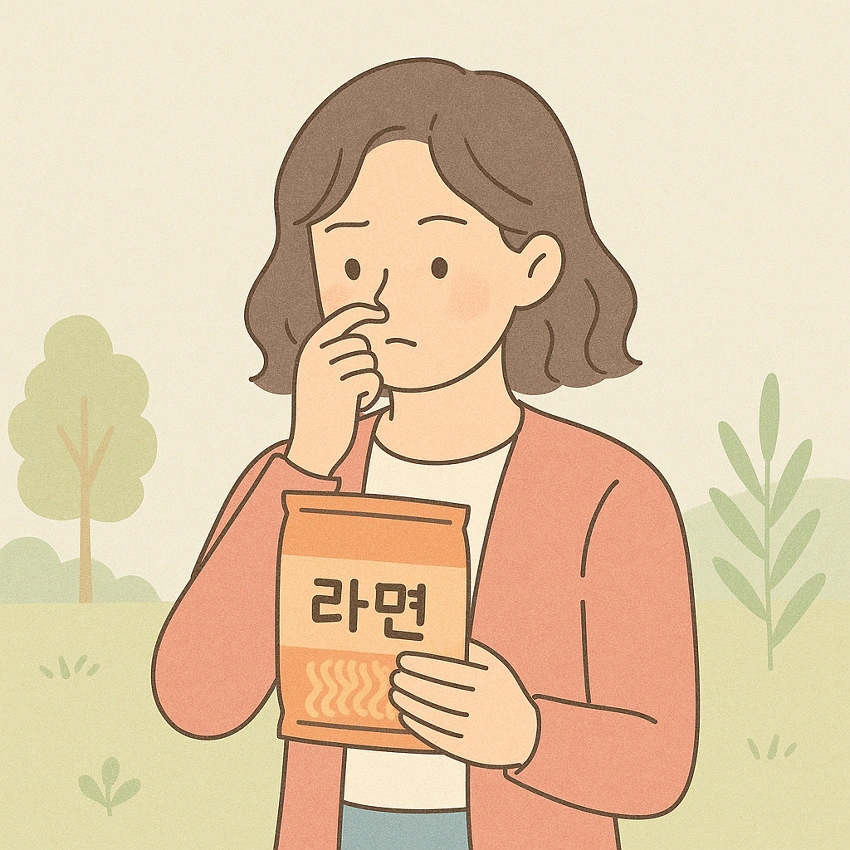 유통기한지난 라면을 먹을지 고민하고 있는 여성