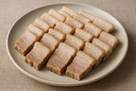 삶은 삼겹살 수육이 접시에 가지런히 담겨 있는 모습