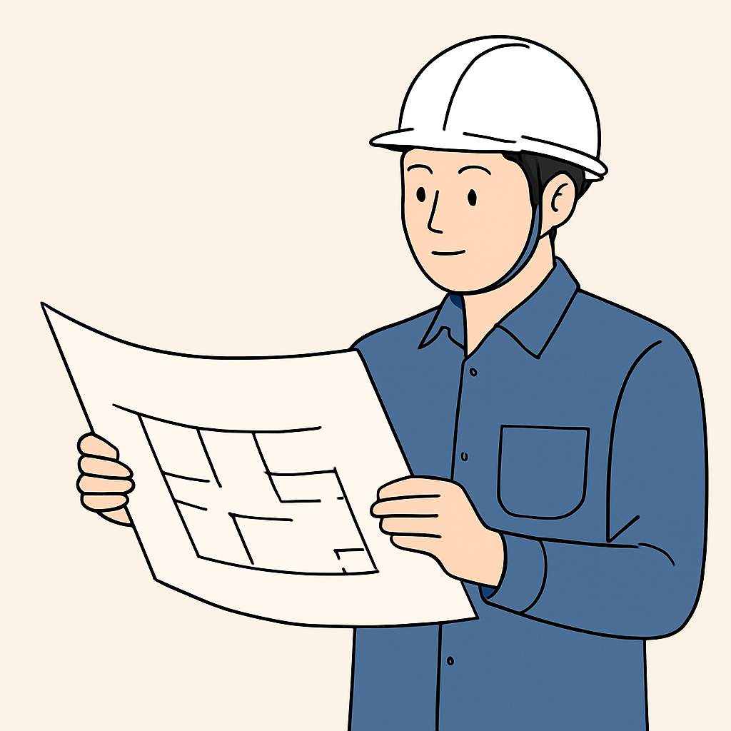 안전모를 쓴 사람이 도면을 보는 이미지