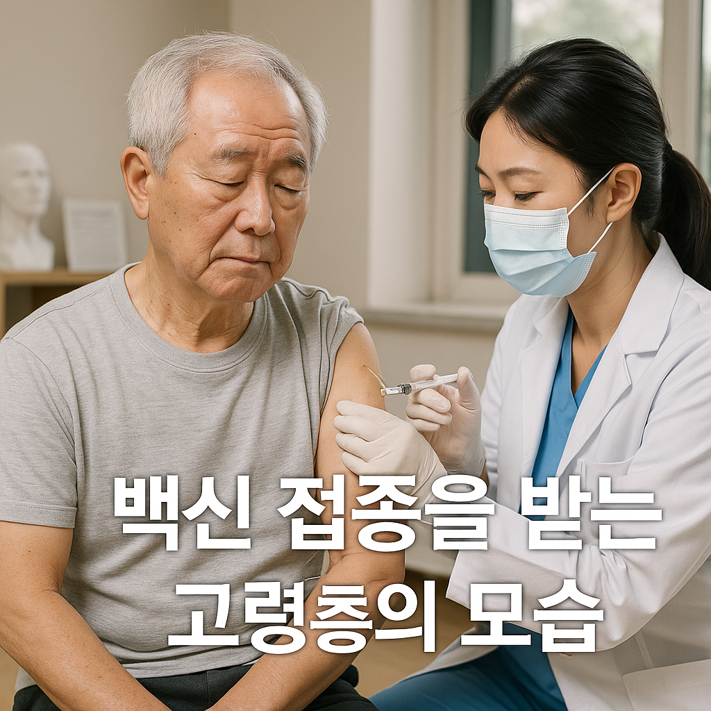 백신 접종을 받는 고령 한국 남성과 의료진의 실사 이미지, '백신 접종을 받는 고령층의 모습'이라는 문구 포함