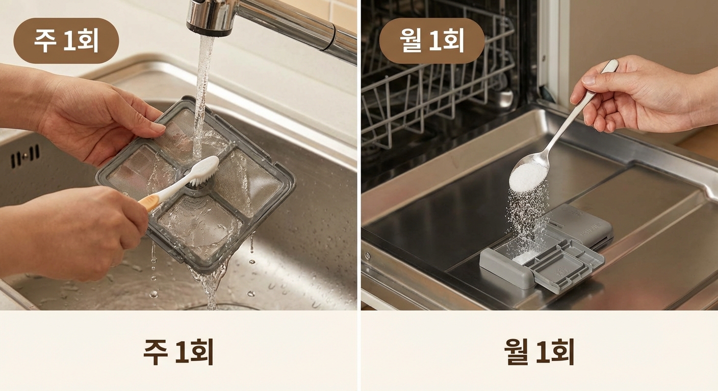 주 1회 식기세척기 거름망 청소와 월 1회 구연산 통살균 방법을 시각적으로 설명하는 이미지