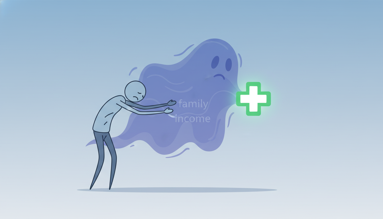 소득이 낮은 사람이 의료 혜택을 받으려 하지만, 부양의무자의 소득 때문에 가상의 장벽에 가로막혀 있는 모습을 표현한 이미지