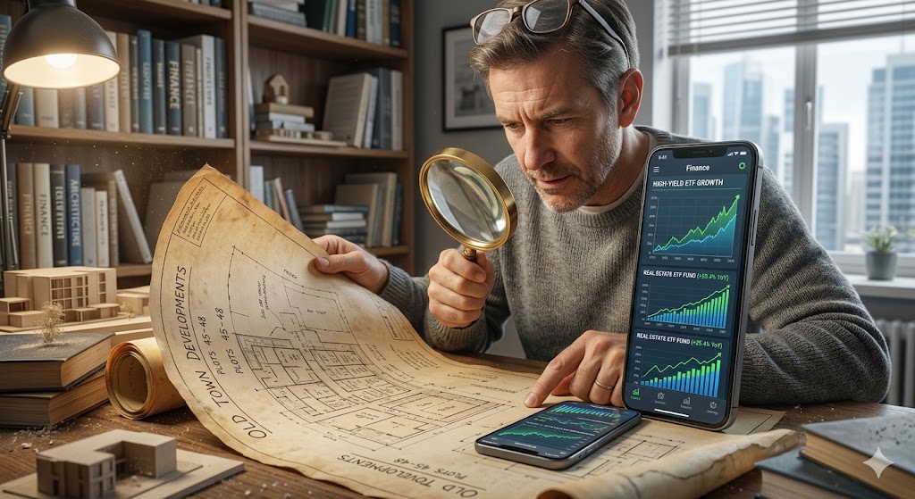 낡은 상가 도면과 스마트폰 ETF 차트를 비교하며 미소 짓는 아빠