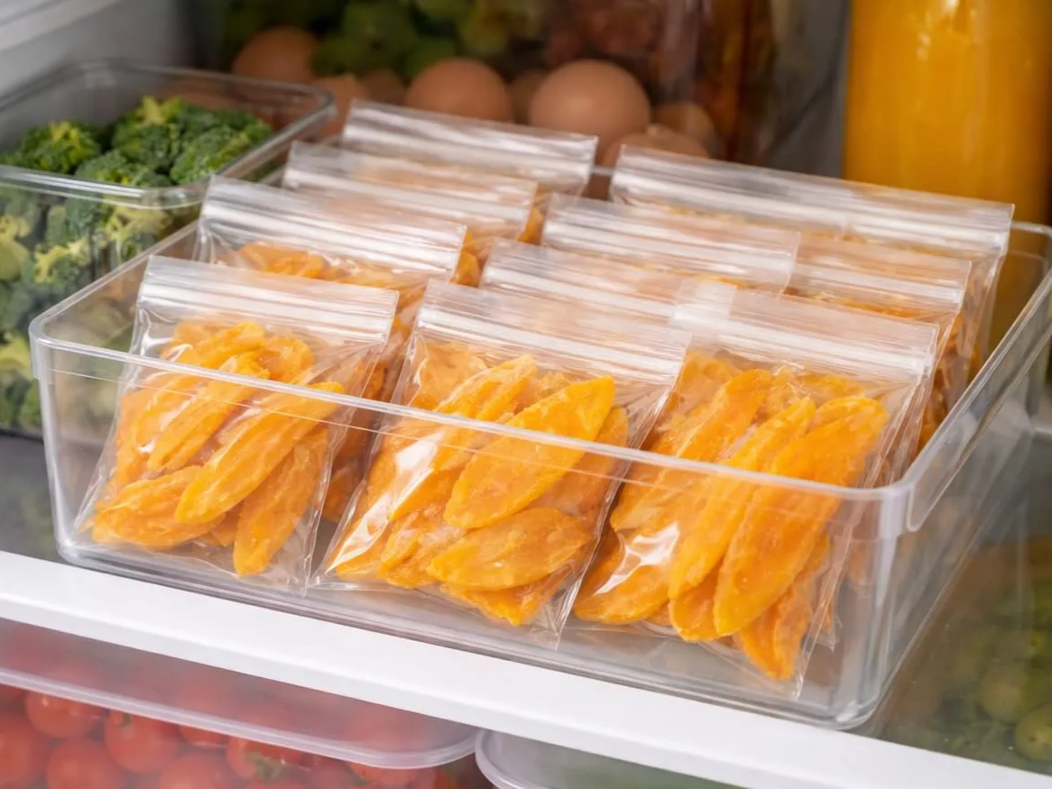 밀폐용기에 담아 냉장 보관하는 말린망고