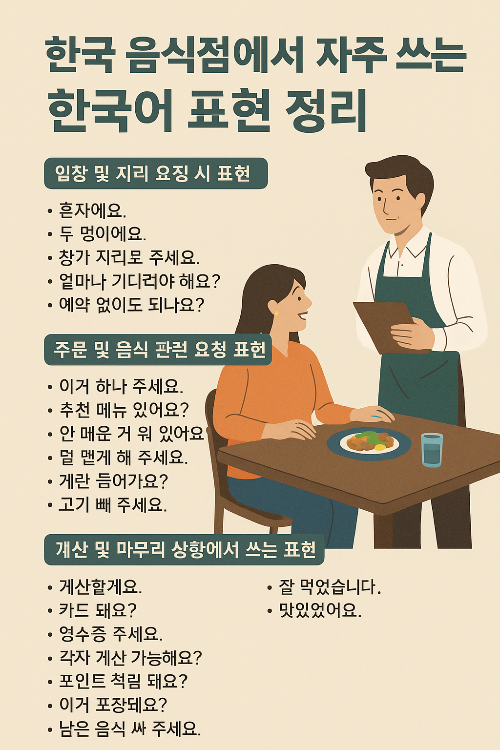 한국 음식점에서 자주 쓰이는 실전 한국어 표현을 상황별로 정리한 인포그래피