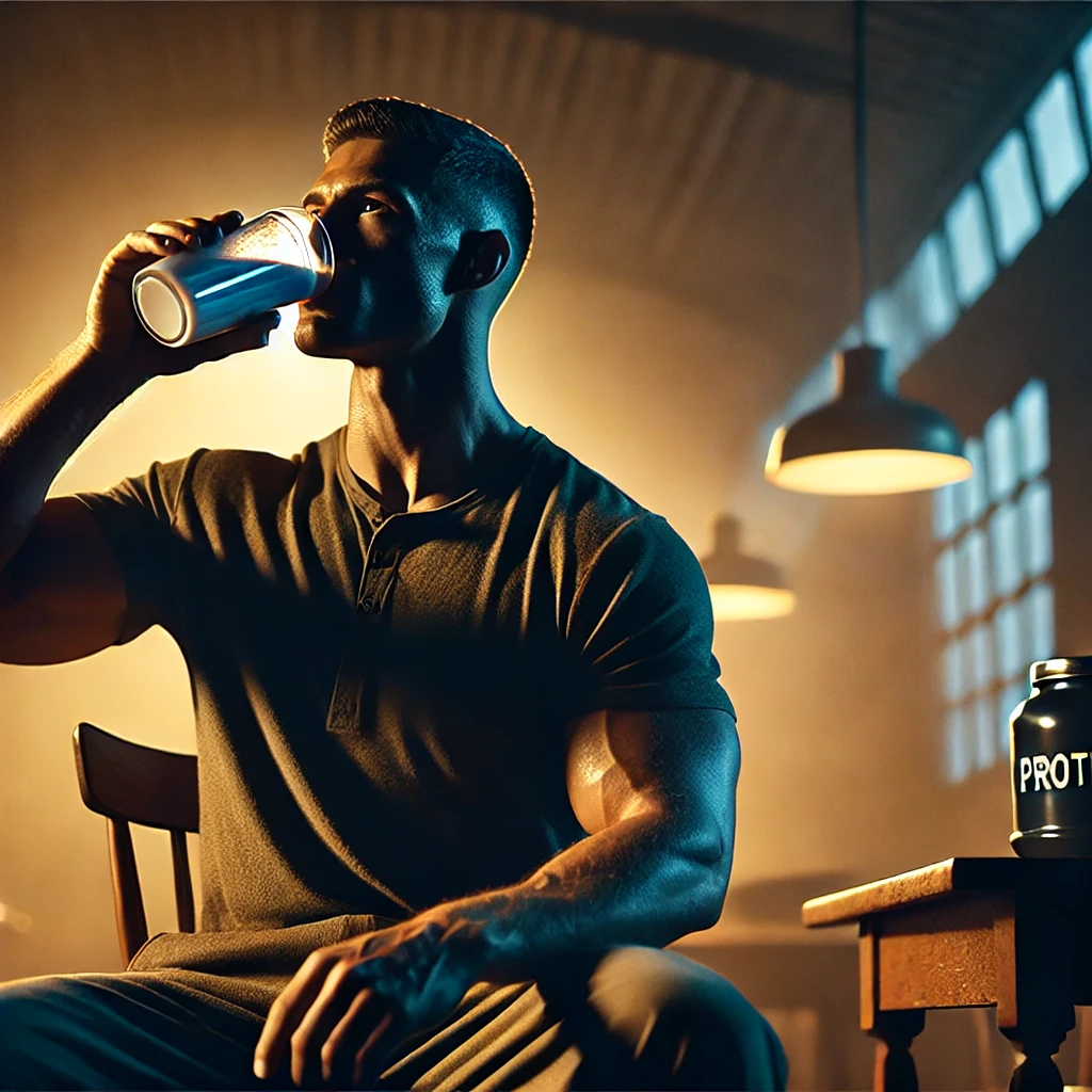 잠에 들기 전 단백질 쉐이크를 섭취하는 남자