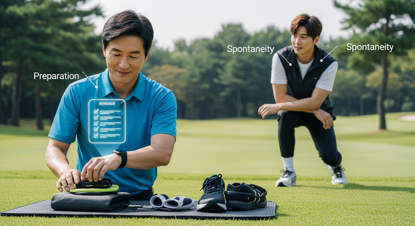 철저하게 계획을 세우는 J형 시니어와 자유롭게 즉흥 여행을 즐기는 P형 시니어의 은퇴 후 라이프스타일 비교 일러스트