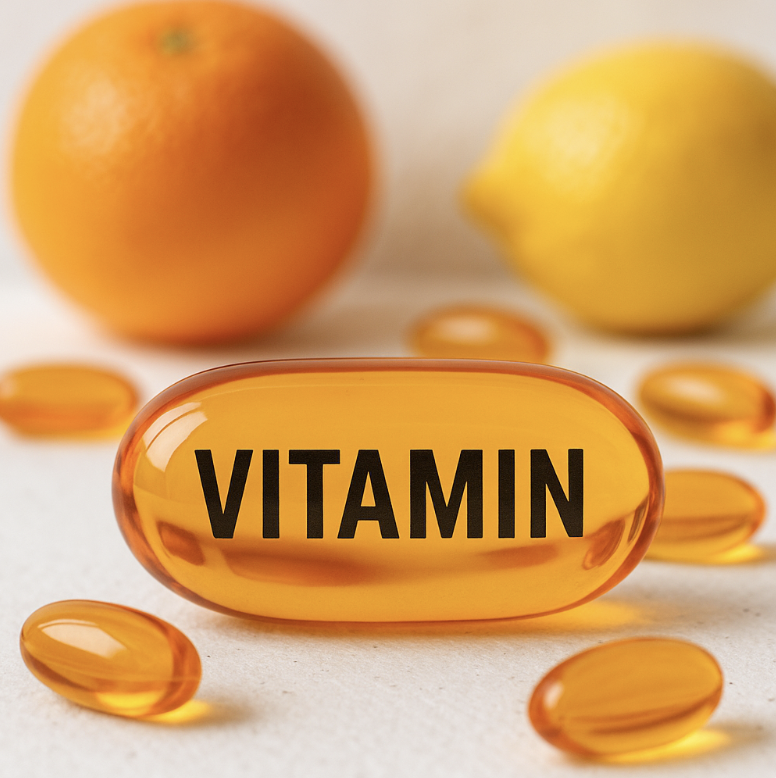 캡슐에는 검은색 대문자로 &quot;VITAMIN&quot;이라는 글씨가 선명하게 새겨져 있으며 
빛을 받아 유리처럼 광택이 나는 표면이 강조됨