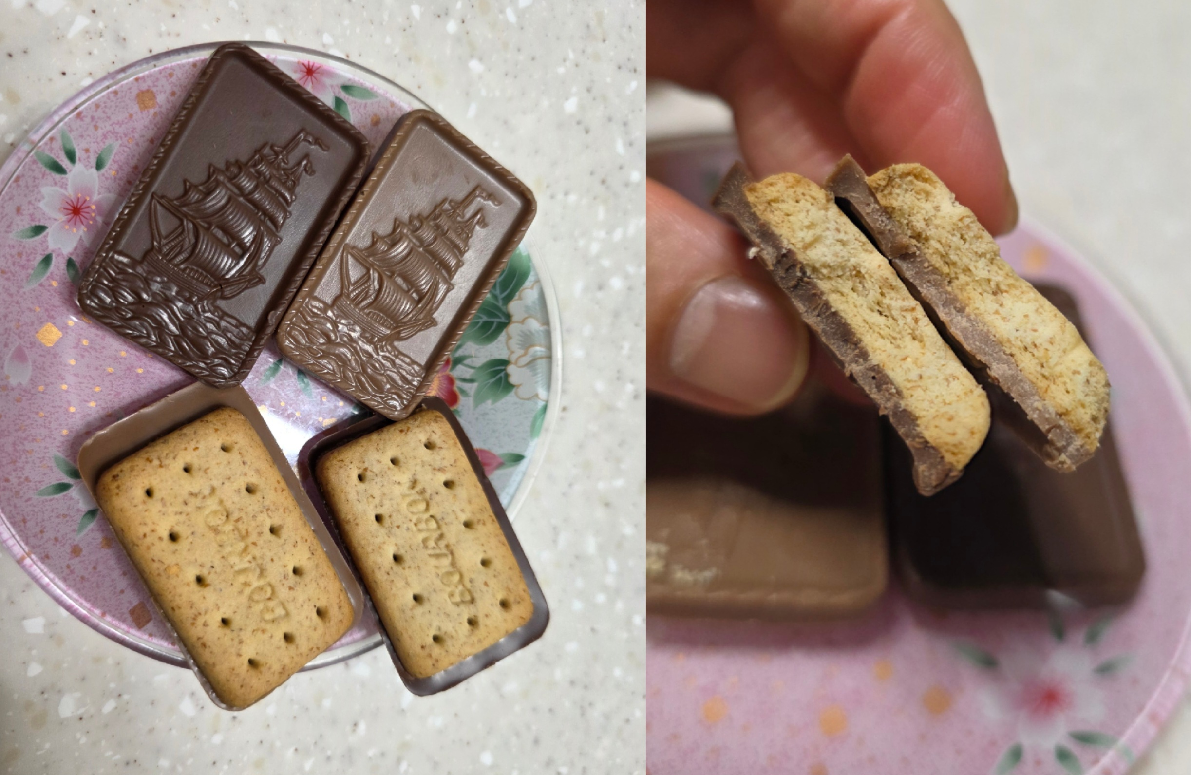 초콜릿과 바삭한 비스킷 층이 보이는 알포트 단면