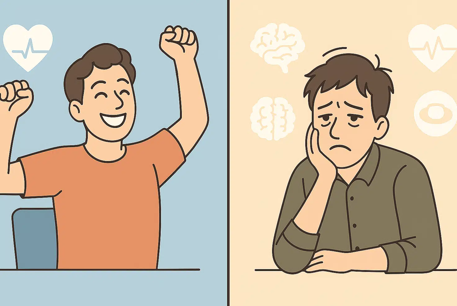 한쪽은 건강한 숙면 후 활기찬 사람, 다른 쪽은 피곤하고 집중력 떨어진 사람