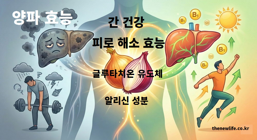 알리신과 글루타티온 유도체가 지친 간을 회복시키고 활력을 불어넣는 과정을 묘사한 피로 회복 관련 양파 효능 인포그래픽