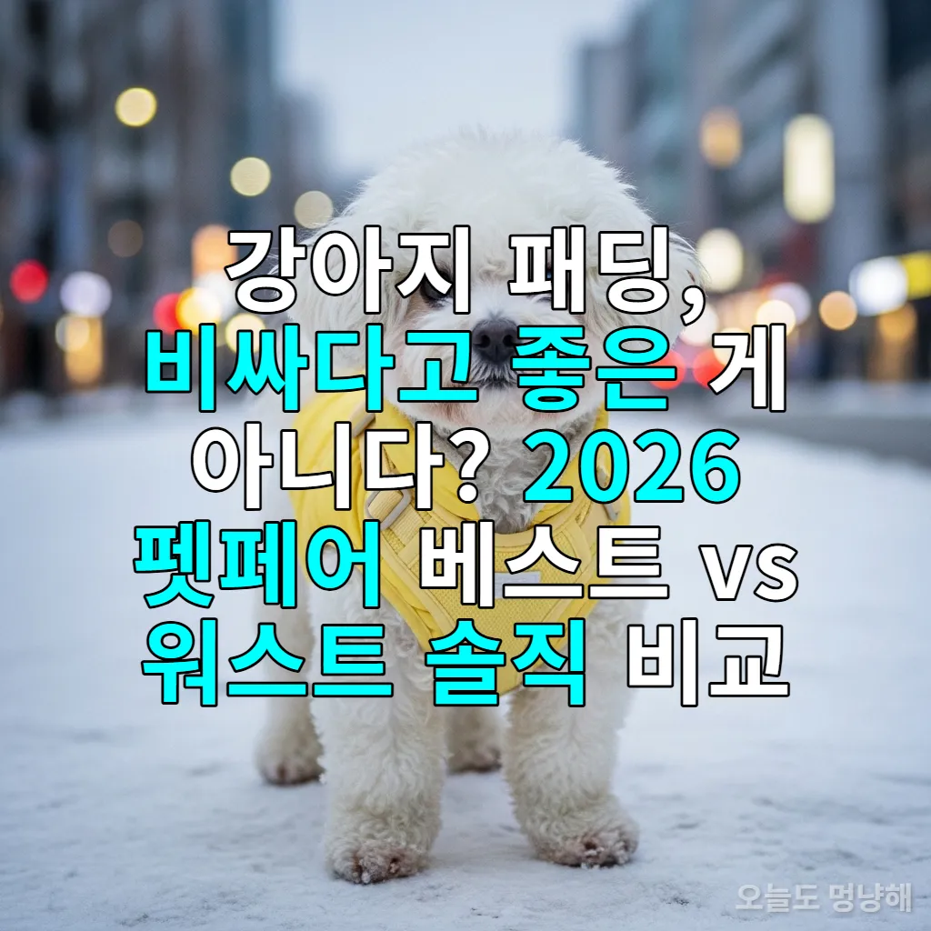 2026년 펫페어 트렌드를 반영한 파스텔 톤의 하네스 일체형 패딩을 입고 서울의 눈 덮인 거리에 서 있는 귀여운 비숑 프리제
