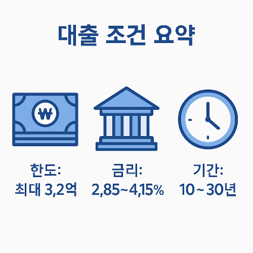 디딤돌대출 한도 최대 3.2억, 금리 2.85~4.15%, 상환기간 10~30년 등 내집마련을 준비하는 사람들을 위한 조건 요약 이미지입니다.