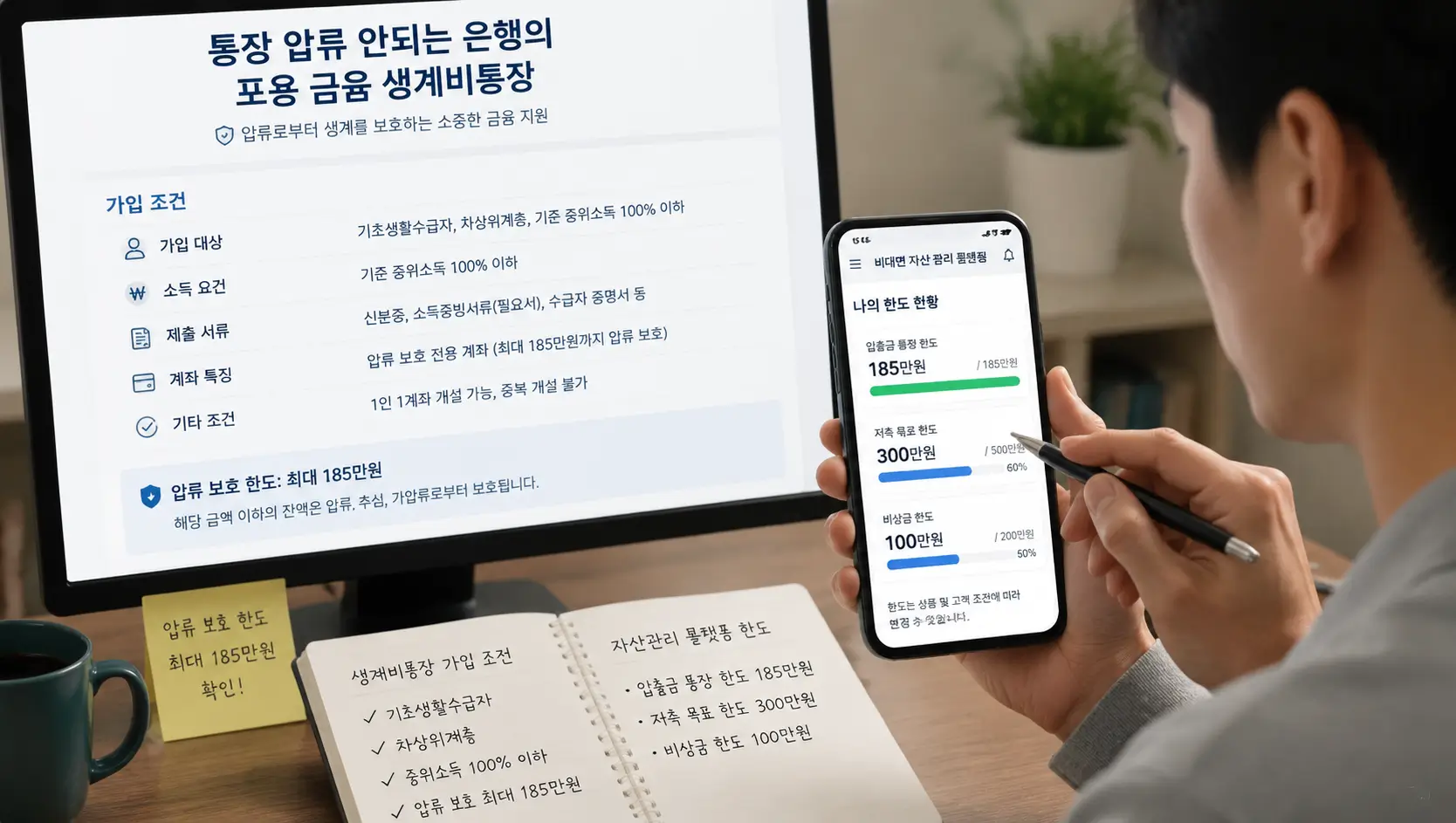 통장 압류 안되는 은행의 포용 금융 생계비통장 가입 조건을 확인하고 비대면 자산 관리 플랫폼 한도를 대조하는 모습