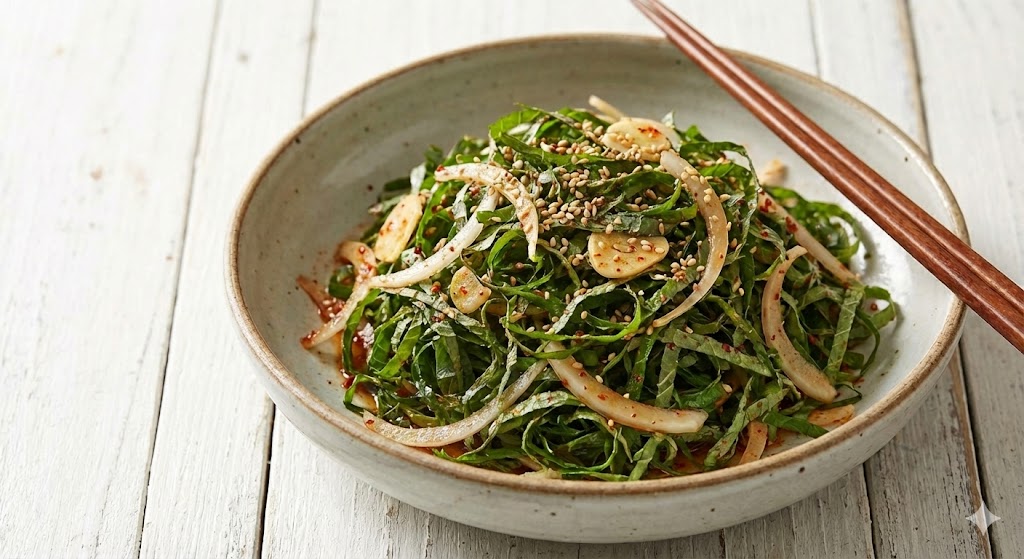 깻잎 본연의 향을 살려 즉석에서 매콤하게 버무린 아삭하고 향긋한 별미 깻잎 생채