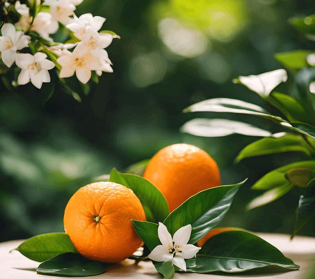 주황색 감귤 2개가 나무 접시에 있고 뒤에는 하얀 감귤꽃들이 가득 피어있다.