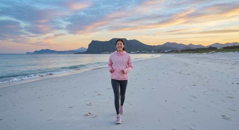 제주 해변에서 아침 산책을 즐기는 여성