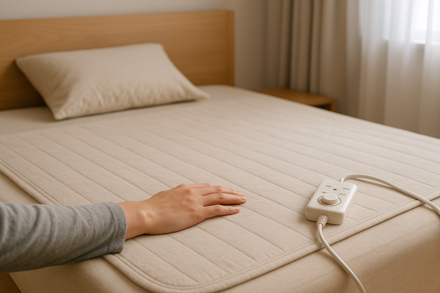 전기요를 평탄하게 깔고 5분 건식 예열로 안전 점검하는 손과 조절기, 배선이 정리된 침실