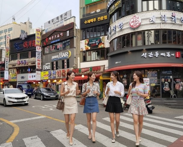 수유역 먹자골목 초입을 걸어가는 사람들